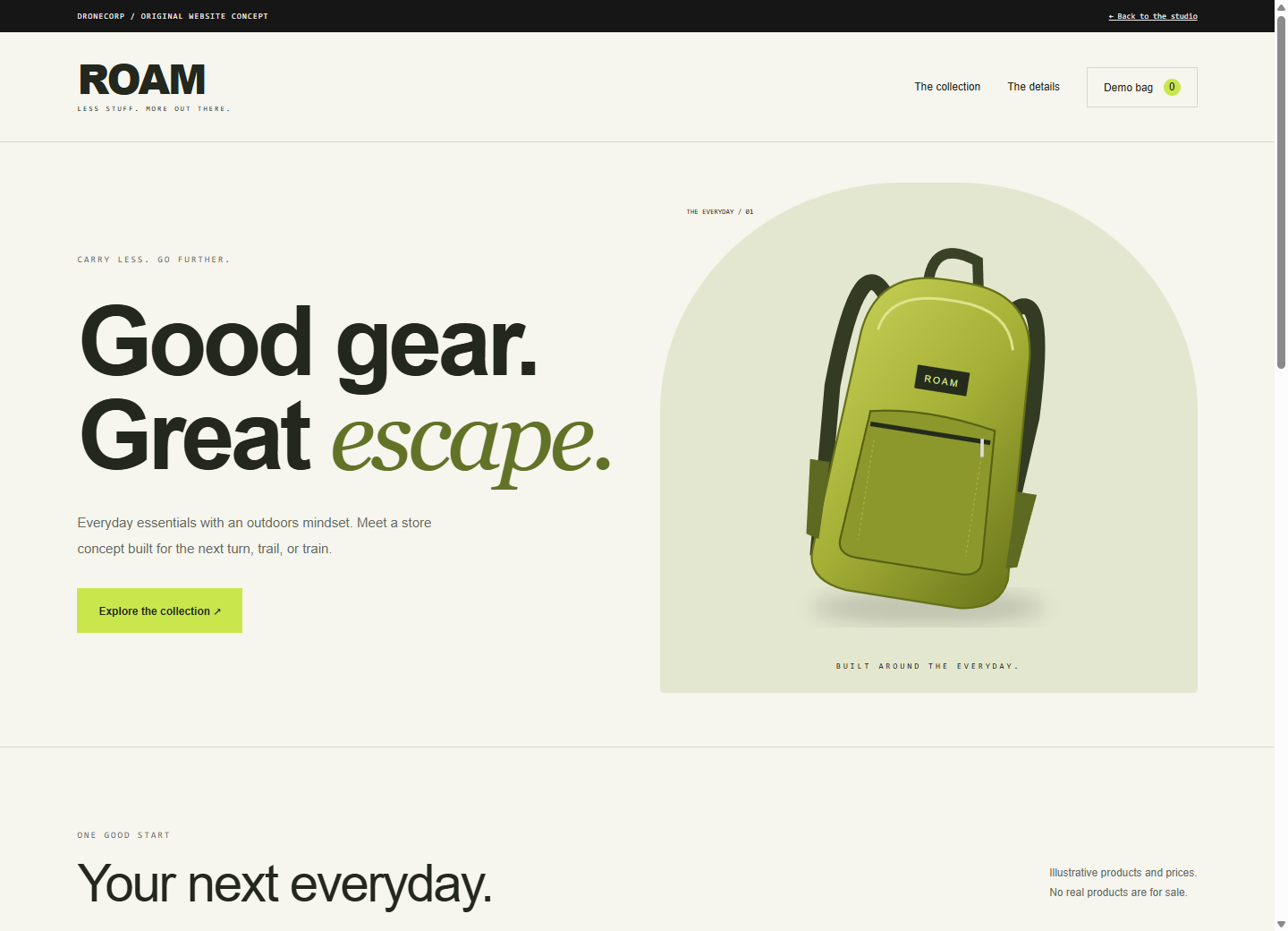 Desktop preview of the ROAM website concept